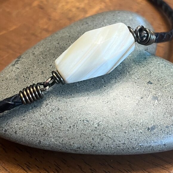 Braided Leather Necklace, Vintage White Agate, Men's Women's Layering Necklace - Picture 8 of 8